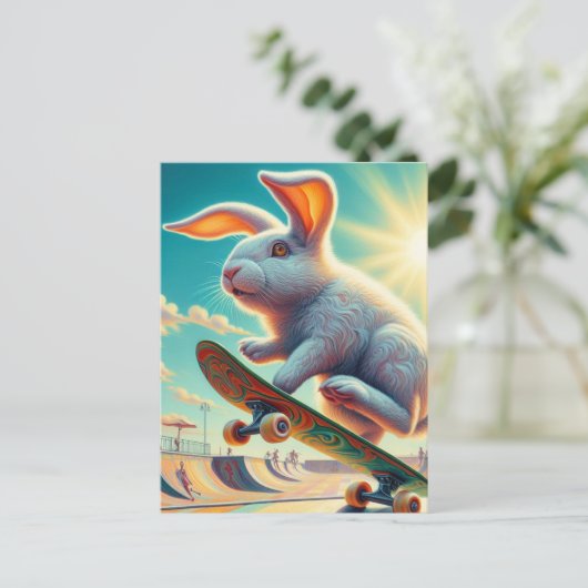 Skateboarding White Bunny Surreal Farbe und Spaß Postkarte (Stehend Vorderseite)