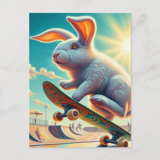 Skateboarding White Bunny Surreal Farbe und Spaß Postkarte (Vorderseite)