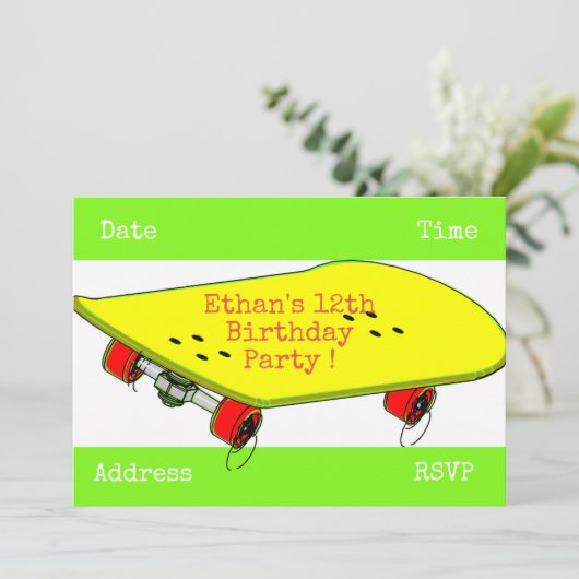 Skateboardjugendjungen-Geburtstags-Party Einladung (Stehend Vorderseite)
