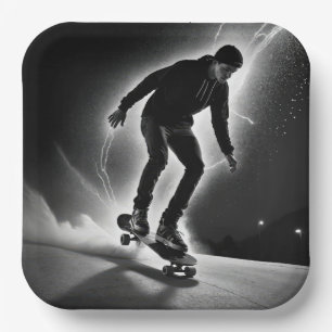 Skateboardjunge mit Blitzlicht Pappteller