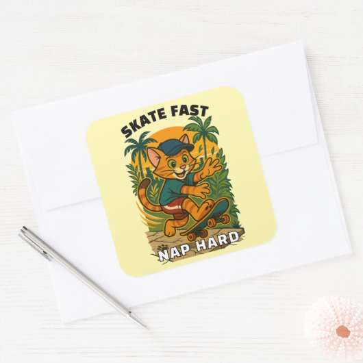 Skateboardkatze Quadratischer Aufkleber (Umschlag)