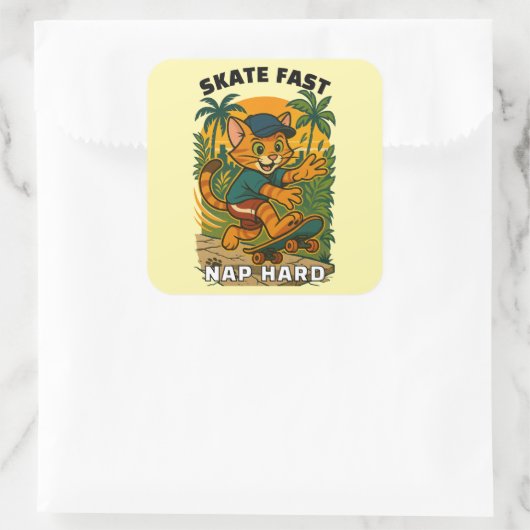 Skateboardkatze Quadratischer Aufkleber (Tasche)