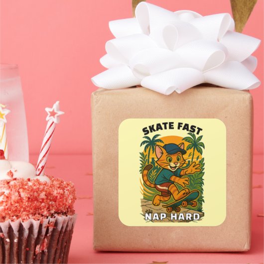 Skateboardkatze Quadratischer Aufkleber (Party)