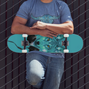 Skateboards+Wolf+Tier+Wasserfarbe+grün+blau+Modus Skateboard