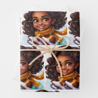 Skaten Brown Skin Girl im Schnee Geschenkpapier Set