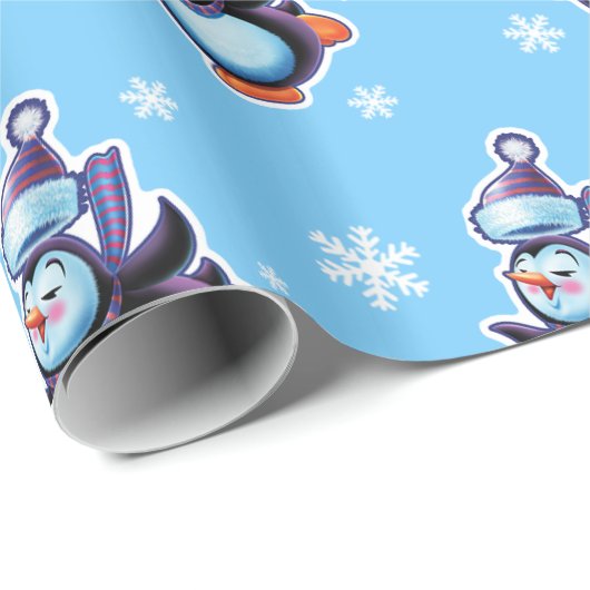 Skaten Pinguin glänzend blau Geschenkpapier (Rolleneckpunkt)