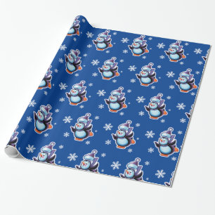 Skaten Pinguin glänzend Mitternachtsblau. Geschenkpapier