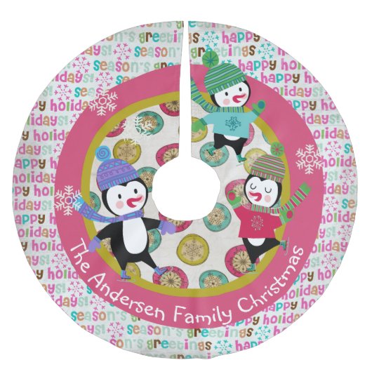 Skatenpenguins-personalisierter Polyester Weihnachtsbaumdecke (Vorderseite)