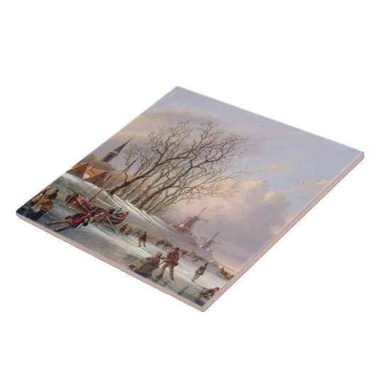 Skater auf einem gefrorenen Fluss vor Windmühlen Fliese (Seite)