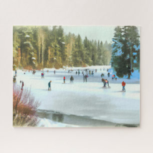 Skater auf einem Teich Wasserfarbener Winter Lands Puzzle