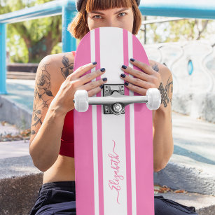 Skater Girl Pink White Racing Streifen Mit Monogra Skateboard
