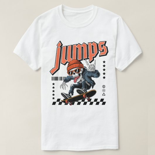 Skater Skeleton "Jumps" Street Style Grafik T-Shirt (Design vorne)