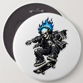 Skater-Skelett mit blauer Flamme-Haar-Sticker Button (Vorne & Hinten)