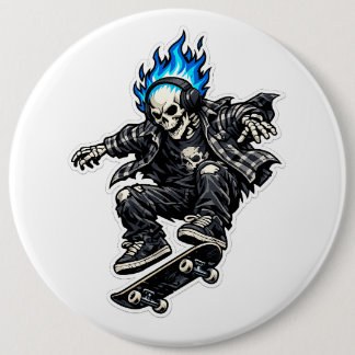 Skater-Skelett mit blauer Flamme-Haar-Sticker Button
