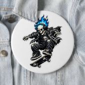 Skater-Skelett mit blauer Flamme-Haar-Sticker Button (Beispiel)