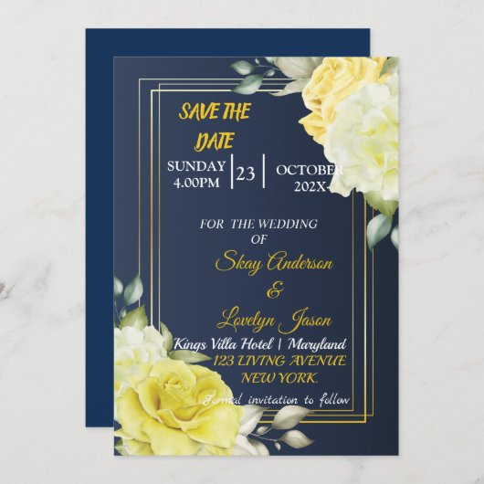 Skaymarts | Einzigartiges Navy Blue Floral Save th Save The Date (Vorne/Hinten)