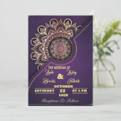 Skaymarts | Mandala Lila kalligrafische Hochzeit i Einladung (Stehend Vorderseite)
