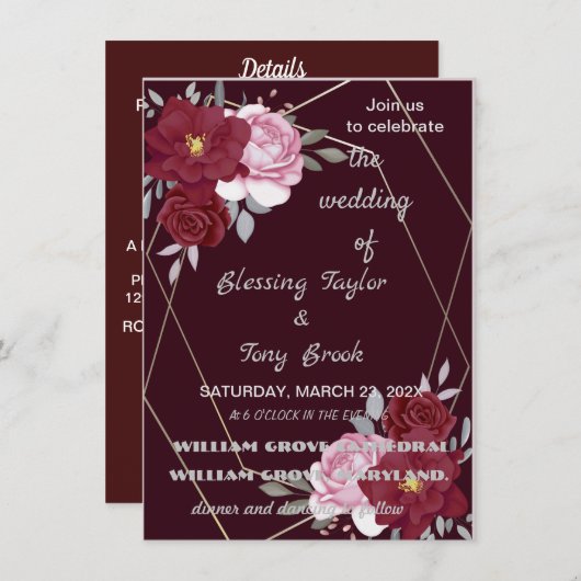 Skaymarts | Maroon Elegant Calligraphic Wedding I Einladung (Vorne/Hinten)