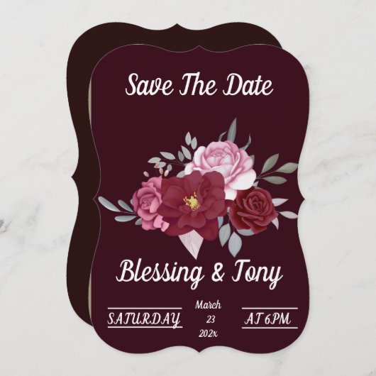 Skaymarts | Maroon Red Floral Save the Date (Vorne/Hinten)