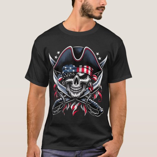 Skeleton 4th July Pirate Men Usa Skull American T-Shirt (Vorderseite)
