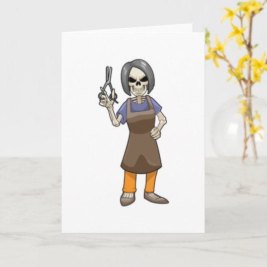 Skeleton as Hairdresser with Scissors Karte (Gelbe Blume)