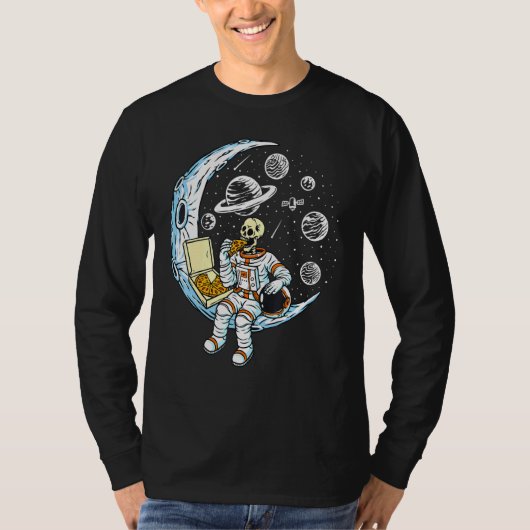 Skeleton Astronaut isst Pizza auf dem Mond T-Shirt (Vorderseite)