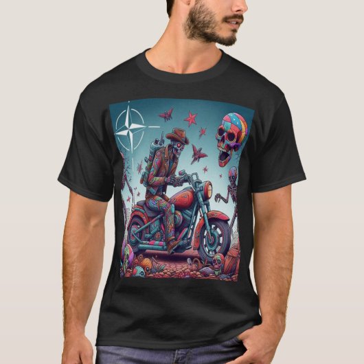 Skeleton Biker in Surreal Psychedelic World T-Shirt (Vorderseite)