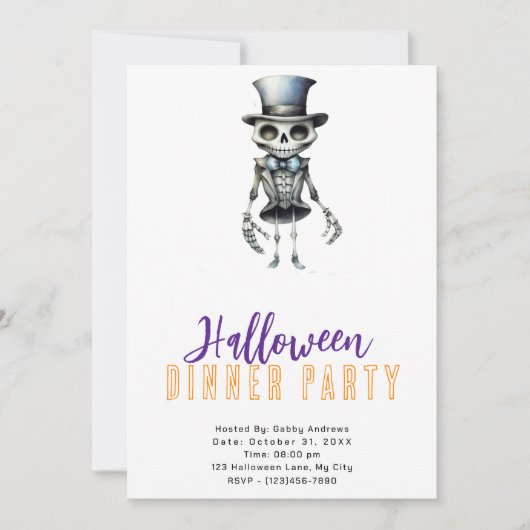 Skeleton Bow Krawatte Top Hat Halloween Abendessen Einladung (Vorderseite)