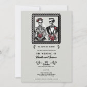 Skeleton Bride & Groom Couple Gray Floral Wedding Einladung (Vorderseite)