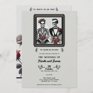 Skeleton Bride & Groom Couple Gray Floral Wedding Einladung