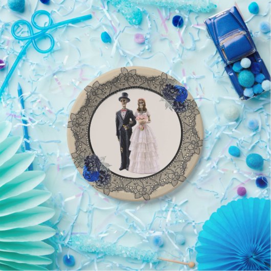 Skeleton Bridge und Groom Black Lace Blue Rose Pappteller (Party)