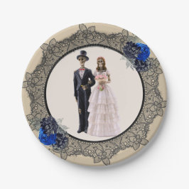 Skeleton Bridge und Groom Black Lace Blue Rose Pappteller