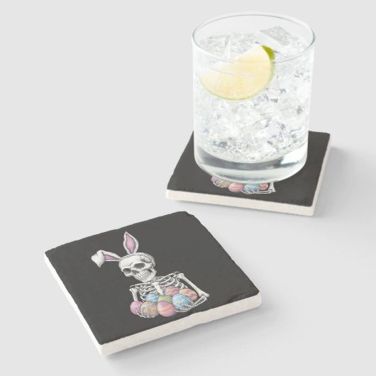 Skeleton Bunny Holding Ostereier Funny Rabbit Steinuntersetzer (Seitenansicht)