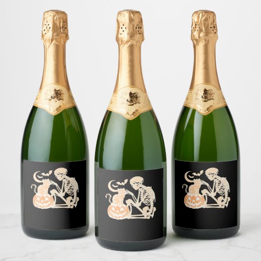 Skeleton Cat Skull Kitty Niedlich Halloween Design Schaumweinetikett (Flaschen)