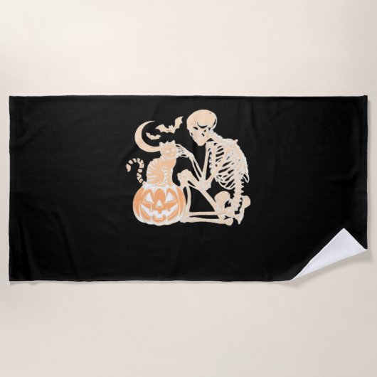 Skeleton Cat Skull Kitty Niedlich Halloween Design Strandtuch (Vorderseite)