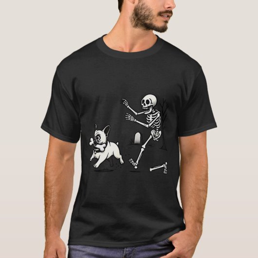Skeleton Chasing French Bulldog Biting Leg Bone Ha T-Shirt (Vorderseite)