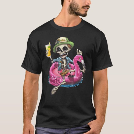 Skeleton Chilling on Flamingo Lifebuoy Halloween S T-Shirt (Vorderseite)