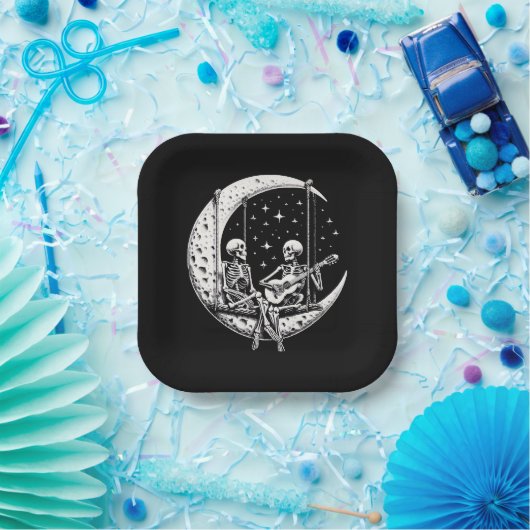 Skeleton Couple Moon Guitar Pappteller (Party)