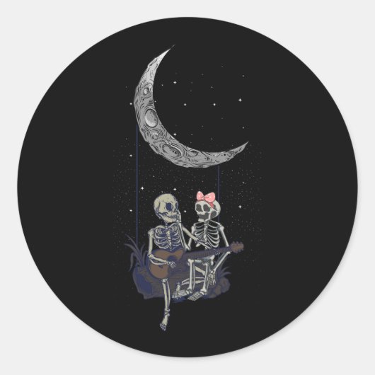 Skeleton Couple Moon Swing Playing Gitarre Hallowe Runder Aufkleber (Vorderseite)