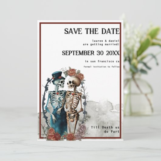 Skeleton Couple QR Code Gothic Wedding Save The Date (Stehend Vorderseite)