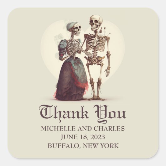 Skeleton Couple Wedding Vielen Dank Quadratischer Aufkleber (Vorderseite)