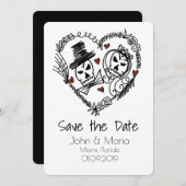 Skeleton Couple Wreath Heart Doodle Save the Date Einladung (Vorne/Hinten)