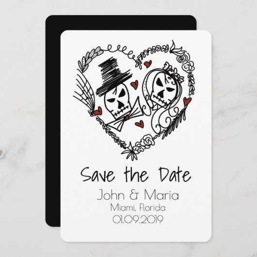 Skeleton Couple Wreath Heart Doodle Save the Date Einladung (Vorne/Hinten)