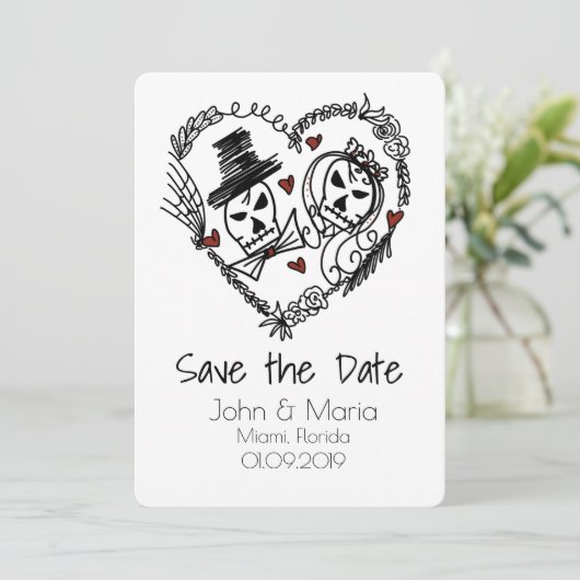 Skeleton Couple Wreath Heart Doodle Save the Date Einladung (Stehend Vorderseite)