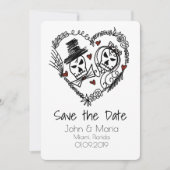 Skeleton Couple Wreath Heart Doodle Save the Date Einladung (Vorderseite)