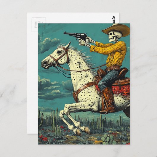Skeleton Cowboy auf einem Appaloosa Pferd Postkarte (Vorne/Hinten)