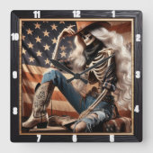 Skeleton Cowgirl Western Outfit Patriotic American Quadratische Wanduhr (Vorderseite)