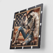 Skeleton Cowgirl Western Outfit Patriotic American Quadratische Wanduhr (Winkel)
