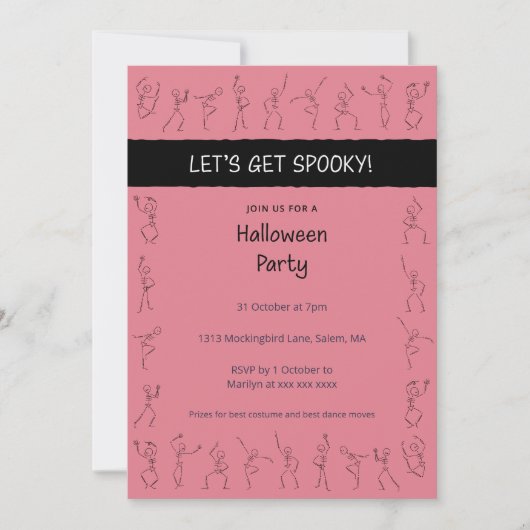 Skeleton Dance Halloween-Party Einladung - Rosa (Vorderseite)