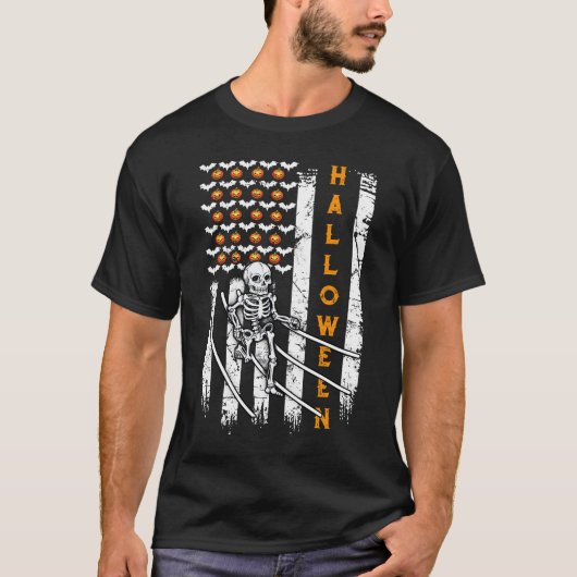Skeleton, die Halloween-US-Flagge T-Shirt (Vorderseite)